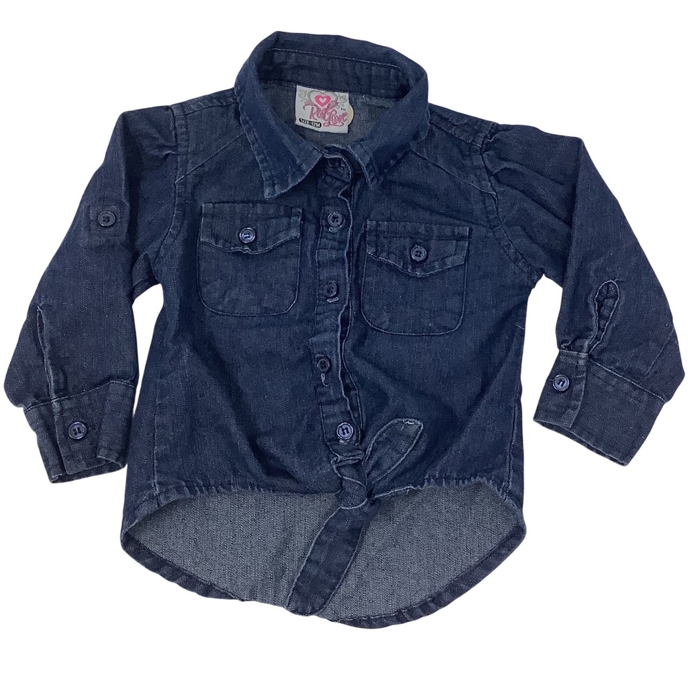 Real Love Girls Denim Chambray Button‎ Down Shirt Tie Front 12M Dark Wash Blue